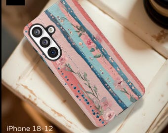 Watercolor Floral Stripes Phone Case | Pink Teal Floral iPhone Case