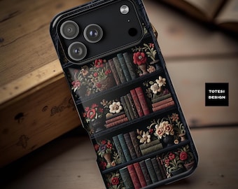 Dark Academia Bookcase iPhone Case: Floral Bookshelf, MagSafe Compatible