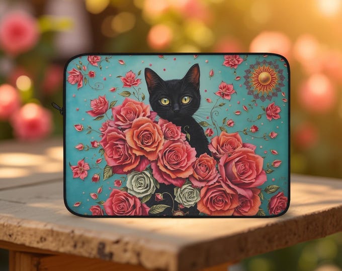 Flowers Roses Black Cat Laptop Sleeve, Padded Plush Fleece Interior, Student Daughter Birthday Gift, 12 13 15 inch, MacBook Sleeve