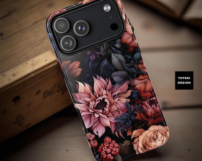 Dark Academia Floral Phone Case: Gothic Pink Flowers, Tough Dual Layer