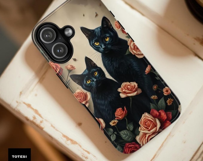 Vintage Black Cat Floral Phone Case: Dark Academia Gothic Cover S26 S25  iPhone 17