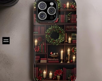 Christmas Bookshelf Aesthetic Phone Case Impact Resistant iPhone 16 15 14 12 11 Pro Max, Pro, Plus Glossy or Matte| Dark Academia Winter