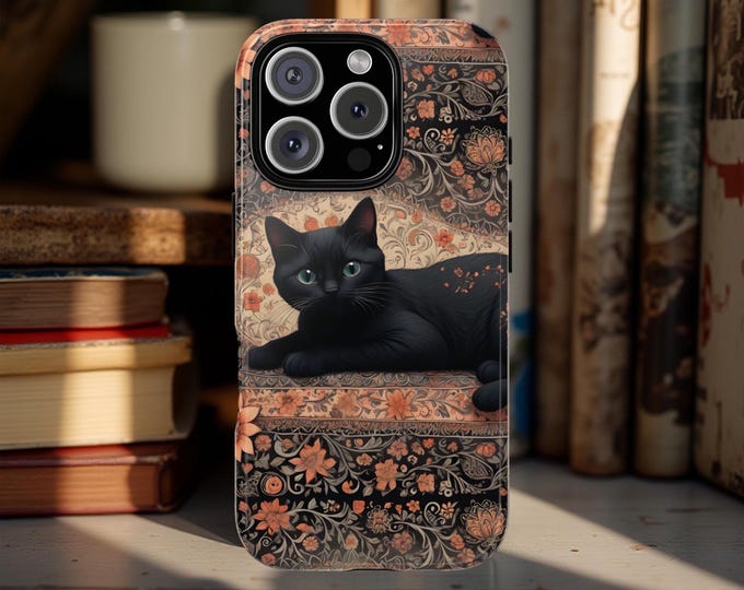 Floral Whimsy Goth black cat Tough PhoneCase - Samsung Galaxy iPhone 16 15 14 13 12 11 S25 S24 S23 S22 S21 Plus, Gift for Cat Lovers
