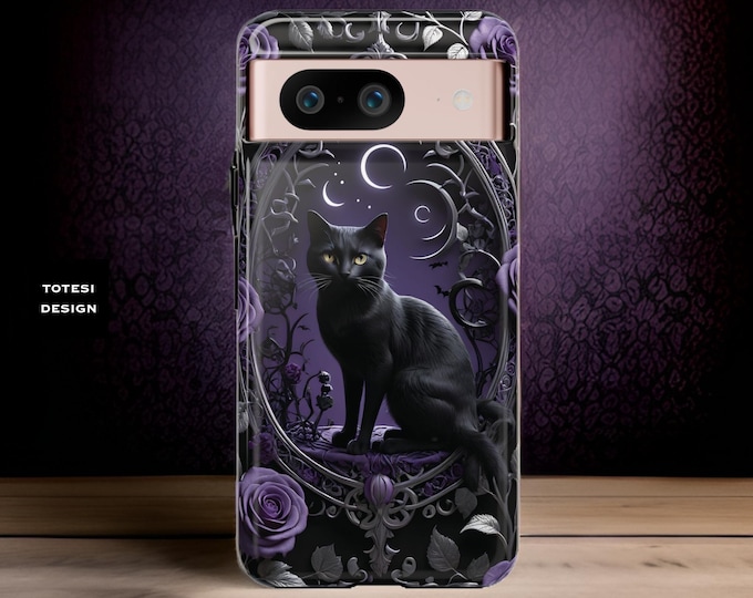 Purple Goth Floral Cat Google Pixel phone case 9 8 7 6 5 Pro Witchy Halloween  Glossy or Matte