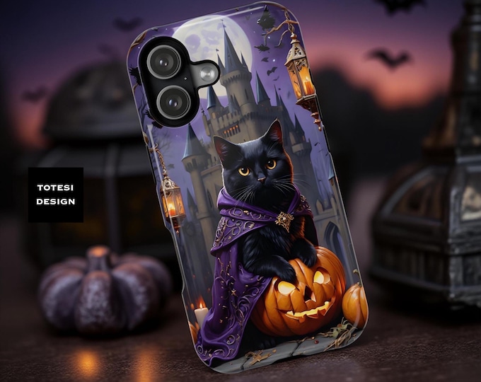 Gothic Cat iPhone Tough Case: Black & Purple MagSafe Compatible Cover