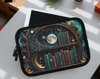 Fantasy Celestial Bookshelf Laptop Sleeve, Padded Mac iPad Kindle Cover, Magical Gift for Her, Daughter, Niece, Protective Tech Case,