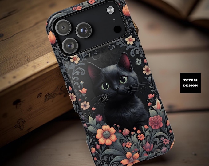 Gothic Kitty iPhone Case: Midnight Flower Garden, MagSafe Compatible