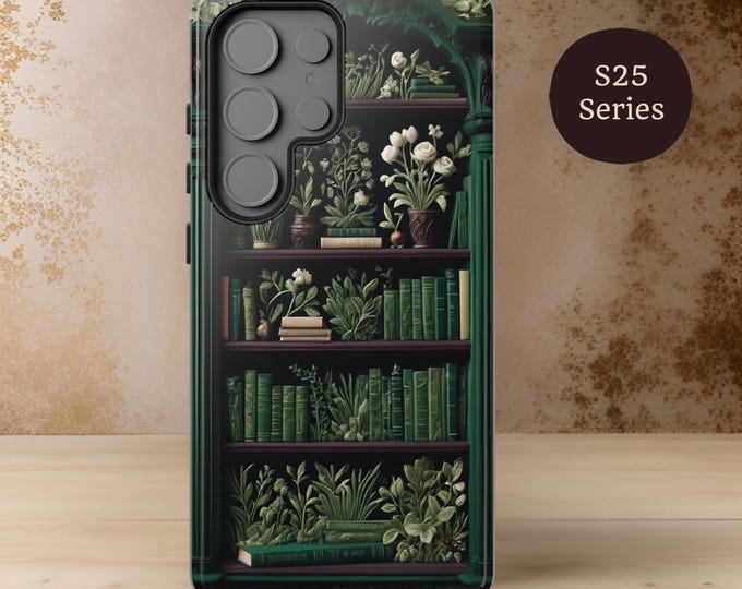 Green Gothic Bookcase Samsung Phone Case S25 S24 S23 S22, iPhone Tough Case 16 15 14  , bookish garden, Book Worm Gift, Literary Accessory