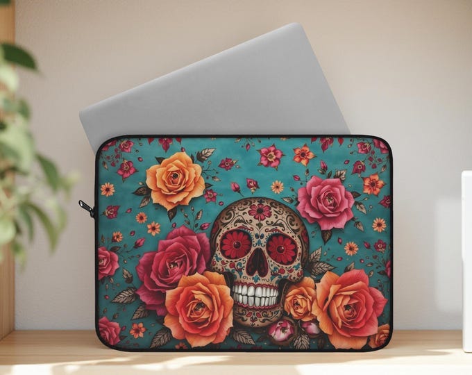 Turquoise Roses Skulls Laptop Sleeve, Padded Plush Fleece Interior, Student Daughter Birthday Gift, 12 13 15 inch, MacBook Sleeve