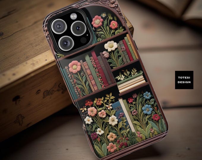 Floral Bookcase iPhone Case: Vintage Bookshelf Design, MagSafe Compatible