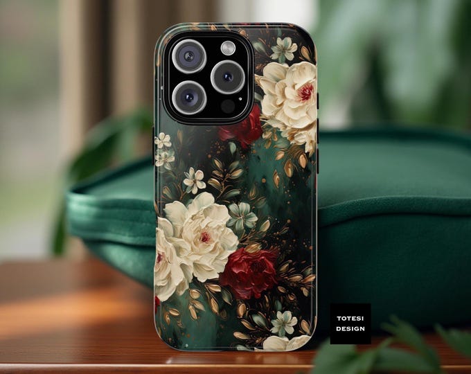 Dark Floral iPhone tough Case 16 15 14 13 12 11 Pro Max Plus Ultra Glossy or Matte