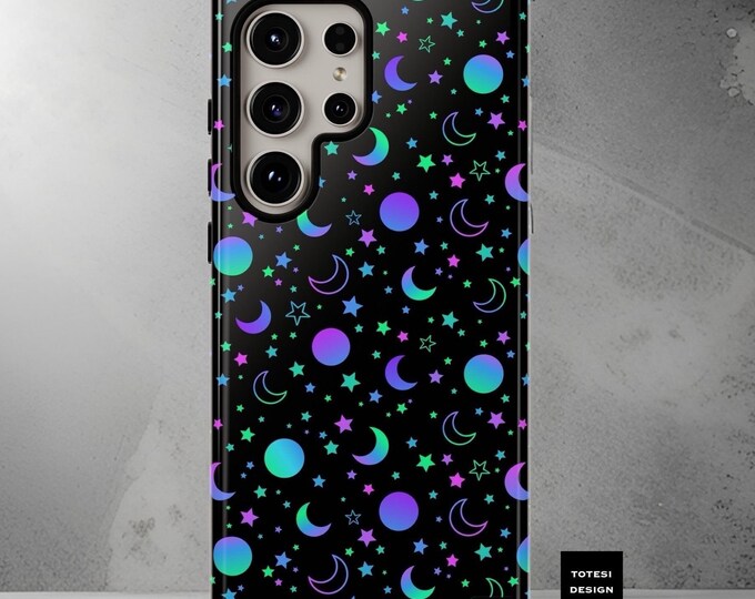 Dark neon, stars, moon, celestial, goth, witchy | Tough Cases | S22, S23 S24 Plus, Ultra| Flowers| Glossy| Matte
