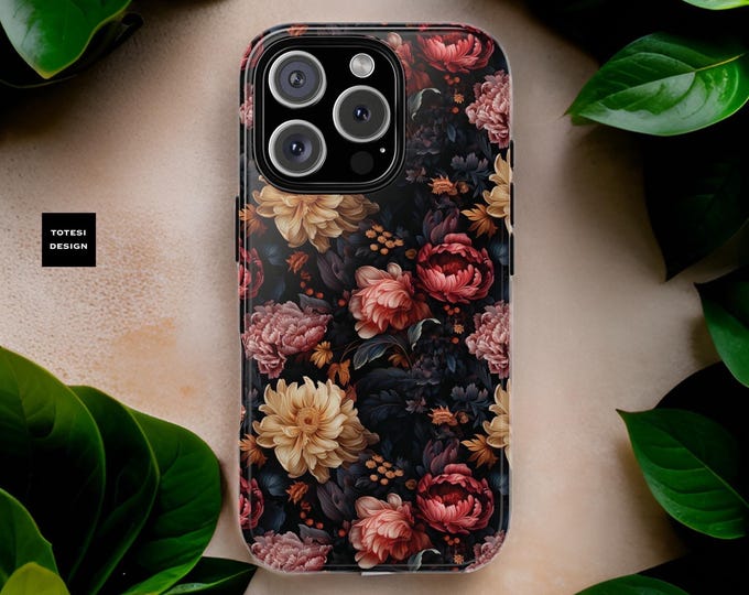 Bohemian Floral Tough Case, Dark Art Design iPhone Samsung Google, Sturdy Phone Cover, Aesthetic Protective Shell, Floral Pattern