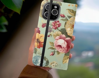 Floral iPhone Wallet Case: Pastel Bohemian Phone Stand Cover