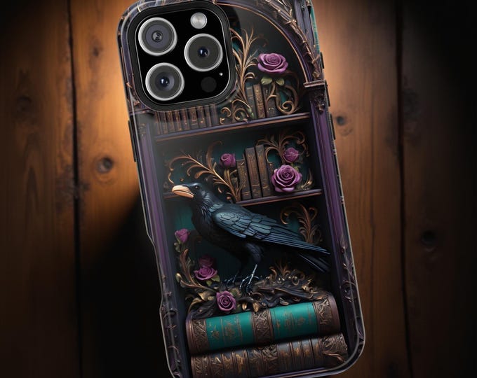 Goth Raven Books MagSafe Dark Academia iPhone Bookshelf Literary Tough Case, Library MagSafe 13 14 15 16 Pro Max Plus, Bookcase, bookworm