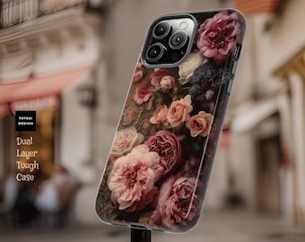 Romantic Baroque Floral iPhone Case: Moody Pink Art, Dual Layer