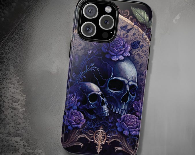 Gothic Skull Purple Roses, Samsung Galaxy tough phone cases S21, S22, S23 S24 Plus, Ultra| iPhone case 16 15 14 13 12 11, Glossy  Matte