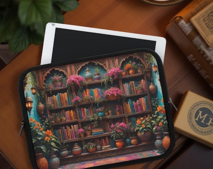 Fantasy Floral Library Bookshelf Laptop Sleeve, Padded Mac iPad Kindle Cover, Magical Gift for Her, Daughter, Niece, Protective Tech Case,