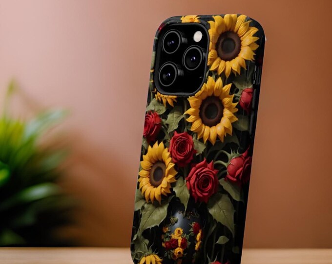 Sunflowers and red roses floral artsy  iPhone magnetic tough  13 14 15 16 Pro Max Plus Mini | Glossy or Matte | Art lover eclectic bold