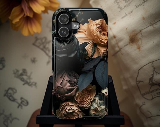 Moody Dark Floral iPhone Case – Vintage Botanical Black Tough Phone Cover