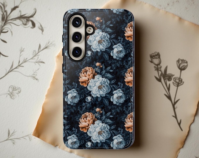 Blue Floral Samsung Galaxy Case: Vintage Flower Art, Glossy or Matte