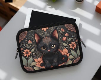 Cute Black Kitty Floral Laptop Sleeve Mac iPad Kindle Tech Accessory Pouch, Mac Padded, Back to School Work, Gift Her , 7 10 13 15 17 inch