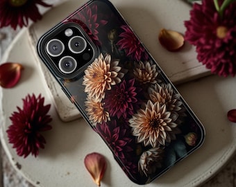 Crimson Dahlia Bouquet iPhone Case MagSafe Tough Dark Floral Academia Design