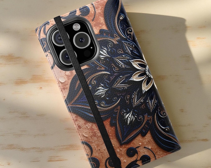 Rustic Mandala Vegan Leather Phone Wallet Case with Stand