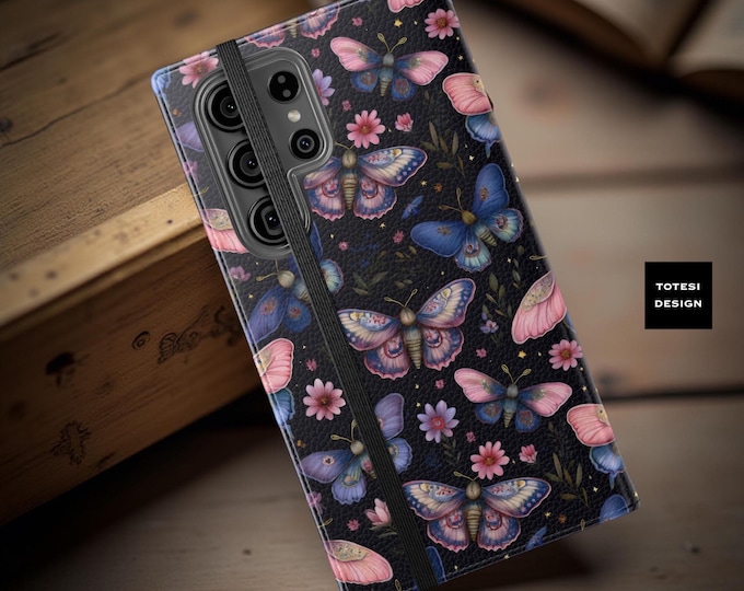 Floral Moth Faux Leather Wallet Phone Case: Boho Chic Cardholder