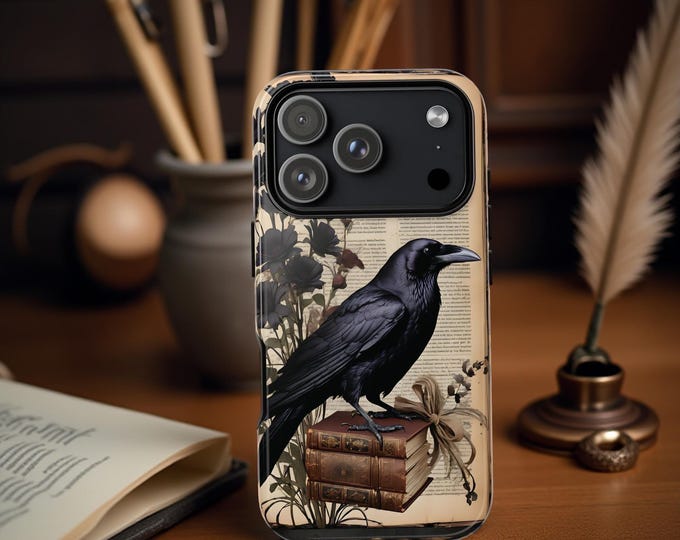 Gothic Raven Phone Case: Vintage Books, Dark Academia Style
