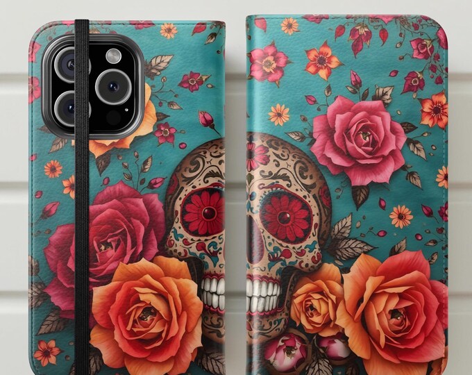 Bohemian skull vintage floral art Folio Wallet Samsung Galaxy Case, Unique Art , iPhone 16 15 14 Flip Stand Cases