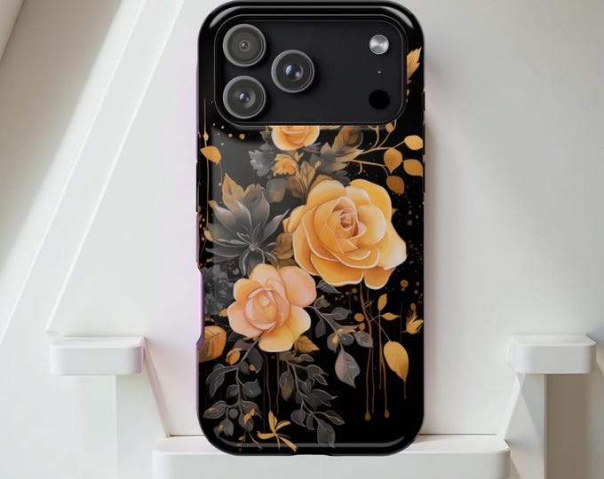Black Yellow Floral Roses iPhone Case: MagSafe Compatible Tough Phone Cover