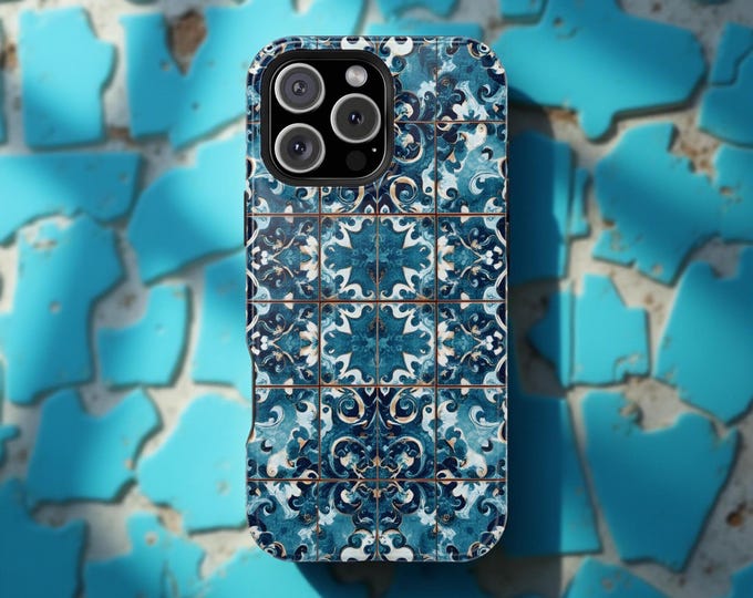 Astio Bohemian Vintage Blue Tiles effect art iPhone  Case MagSafe, iPhone 16 15 14 13 Pro Max Plus, Magnetic Tough Cases, Worn Tile Design