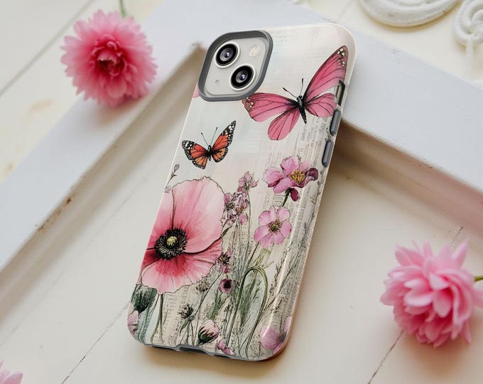 Phone Case, Coquette Pink Butterflies, Samsung iPhone Tough Sturdy Protection, Shabby Chic, Glossy Matte, Floral Design