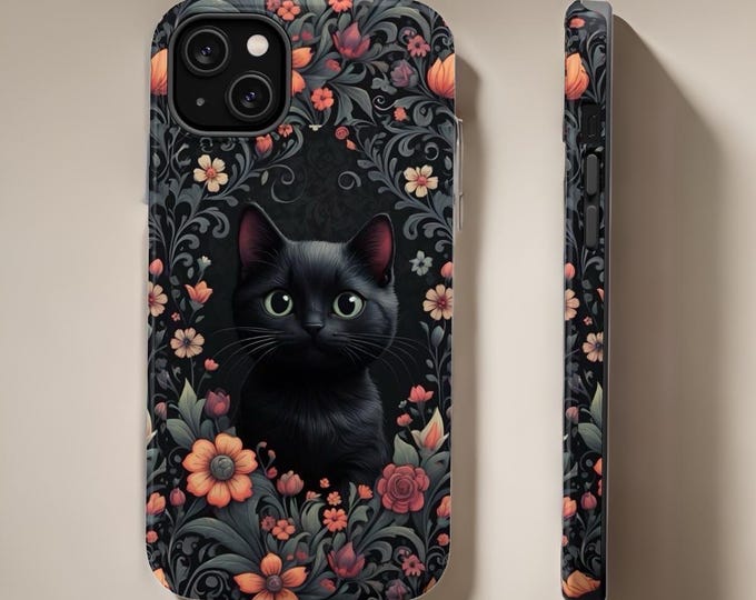 Magnetic iPhone Tough Case, Gothic Kitty in Midnight Flower Garden, Cat Lover Gift, MagSafe Compatible, 16 15 14 13 Pro Max Plus Mini, Black