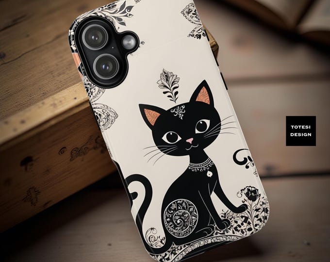 Black Cat Floral Art Tough Phone Case - Whimsical Cat Lover Gift