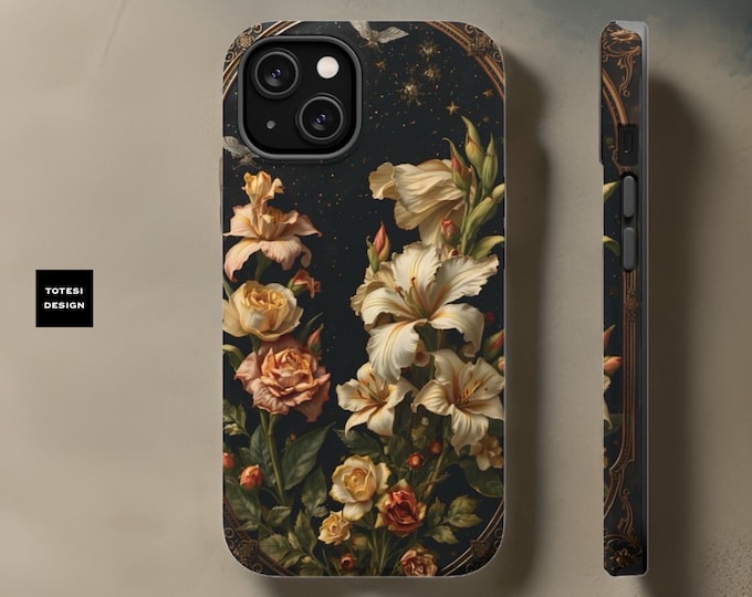 Dark Celestial Floral iPhone Magnetic Tough Case, Dark Academia Gift, iPhone 16 15 14 13 Pro Max Plus, Goth Phone Case, chic feminine