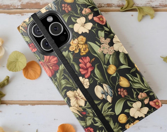 Vintage botanical wallet phone case cover for iPhone or Samsung , cardholder stand