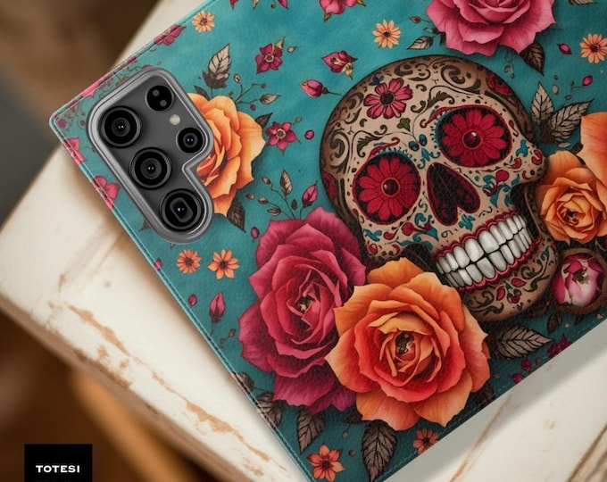 Floral Skull Faux Leather Phone Wallet Case: Bohemian Art