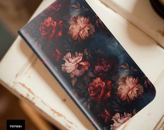 Dark Academia Goth Folio Wallet Phone Case, Moody Floral iPhone Samsung Cover