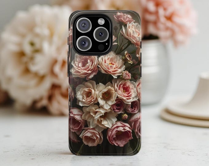 Cell phone case pink flowers black iPhone Tough Case 11, 12,13,14 15 16 Pro Max Plus Samsung Galaxy S25 S24 S23 S22| Gothic Glossy or Matte