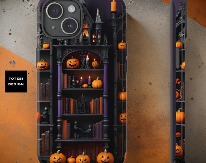 Dark Academia Halloween Gothic Bookcase Pumpkins Fall  iPhone Cases Tough Sturdy 15 14 13 12 11 Pro Max Mini   Glossy or Matte