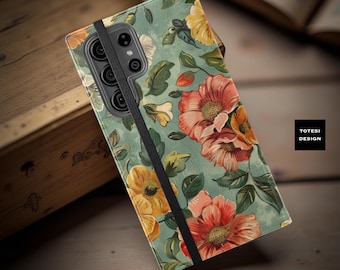 Boho Floral Phone Case with Stand & Cardholder: Vintage Style Faux Leather