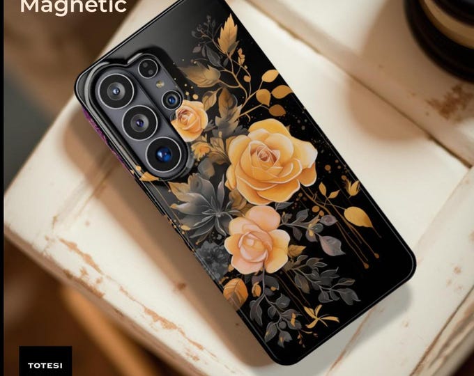 Black Floral Roses Phone Case: MagSafe Compatible Tough Phone Cover