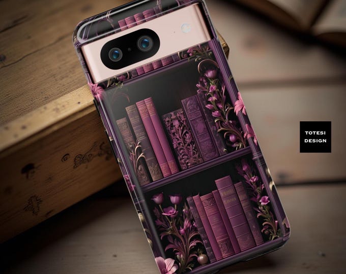Floral Bookshelf Google Pixel Tough Case: Pink Purple Bookish Art