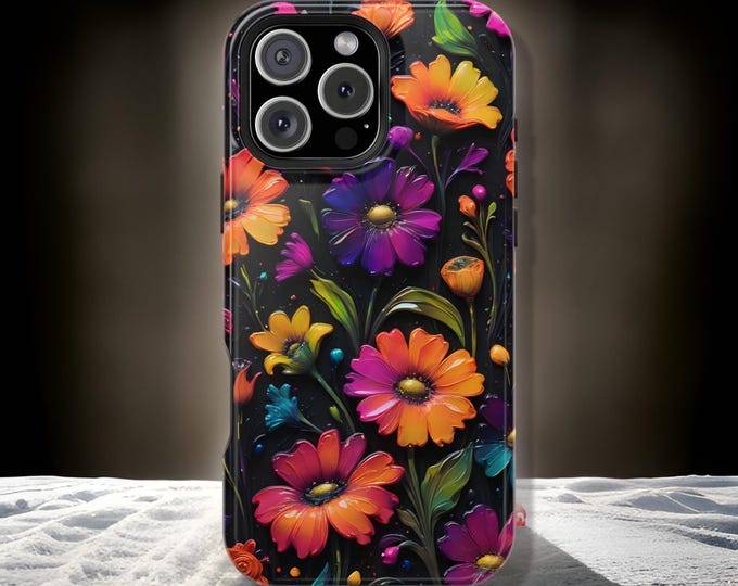 Black neon floral artsy  iPhone magnetic tough  13 14 15 16 Pro Max Plus Mini | Glossy Matter | Art lover eclectic bold