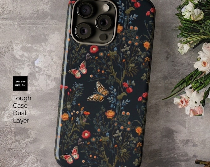 Dark Floral Wildflowers Butterflies cottagecore nature aesthetic | sturdy IPhone Cases | 15 14 13 12 11 Pro Max Plus | Matte or Glossy