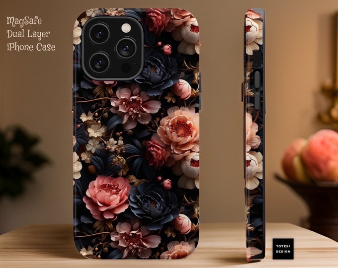MagSafe Comp Dark Floral bohemian aesthetic iPhone case - magnetic case- iPhone MagSafe tough case - 13 14 15 16 Pro Max Plus Mini