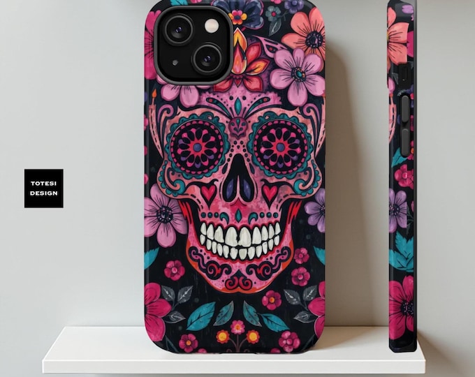 iPhone Magnetic Tough Case, Pink Floral Skull Phone Cover, Whimsy Goth 13 14 15 16, Glossy Matte, Spring Summer, Colorful, MagSafe, Gift for