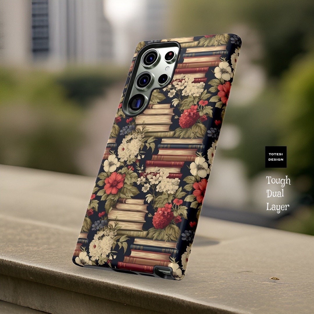 Vintage Floral Library Books Bookshelf Phone Case Samsung Galaxy S21 S22 S23 Plus Ultra